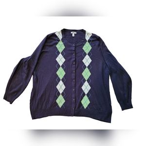 CROFT & BARROW  SIZE 3X navy blue, green & white argyle button-up cardigan.
